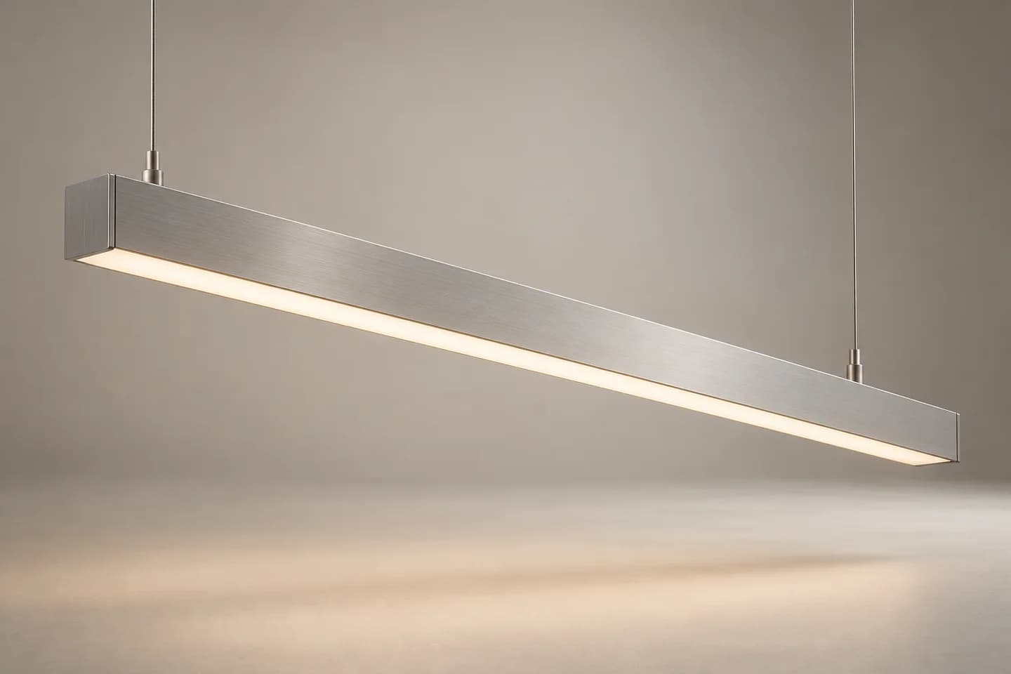 Illustrative concept image of a suspended linear LED luminaire; not a product photograph
